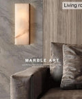Square Marble Wall Lamp With Wood And Stone Shade in living room, vintage vanity light, modern rustic glow on wall.