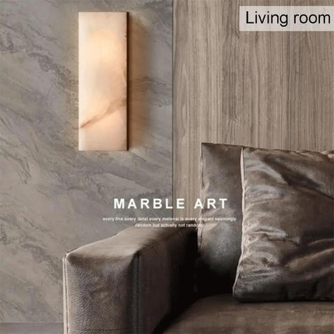 Square Marble Wall Lamp With Wood And Stone Shade in living room, vintage vanity light, modern rustic glow on wall.