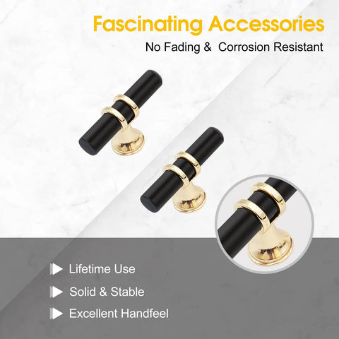 Close-up view of two black and gold T bar knobs from 10 Pack Black And Gold Cabinet Pulls T Bar Knobs For Kitchen And Bathroom Cupboards No Fuss Single Hole Handles For Dresser Drawers With Easy Install Screws Included on marble surface.