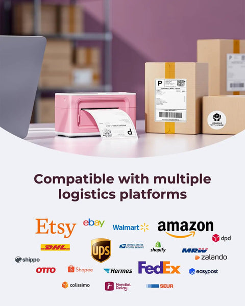 Bluetooth Thermal Label Printer 941BP Wireless 300DPI 4x6 Shipping Labels For Small Biz Works With Windows Mac iPhone Android PC Amazon Shopify Etsy USPS Pink on desk with packaging boxes