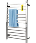 12 Bar Heated Towel Rack In Mirror Polished Stainless Steel Electric Towel Warmer With Built In Timer Wall Mounted Bathroom Heater Plug In Or Hardwired Sleek Silver Finish with blue towel hanging