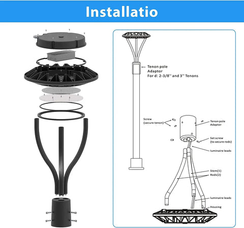 Installation diagram of 60W LED Circular Post Top Light 7800 Lm 5000K Daylight IP65 Waterproof Outdoor Yard Street Garden Driveway Lighting