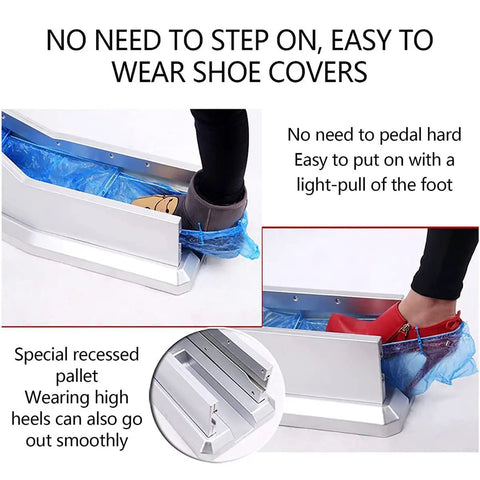 Hands-free use of Professional Grade Automatic Shoe Cover Dispenser With Heavy Duty Plastic Overshoes for hygiene.