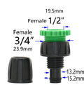 No Fuss Garden Hose Fittings Kit With 16mm To One Half Inch And Three Quarter Inch Female Barbed Connectors For Irrigation And Watering Tap, 16mm Hose Compatibility, Standard European Thread, Durable Quality. Black plastic female 1/2in and 3/4in hose fitting with 16mm barbed connector
