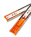 Beefy 53mm Heavy Duty Concealed Drawer Slides With Slick Push To Open Action And Hidden Bottom Mount Rails For Zero Fuss Cabinetry Soft Closing Hardware showing steel tracks with orange detail.