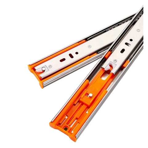 Beefy 53mm Heavy Duty Concealed Drawer Slides With Slick Push To Open Action And Hidden Bottom Mount Rails For Zero Fuss Cabinetry Soft Closing Hardware showing steel tracks with orange detail.