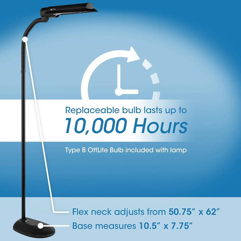 WingShade Adjustable Floor Lamp With 18W Energy Efficient Tube For Crafts Tasks Office Living Room Sewing And Arts Rotating Shade Direct Reading Light With No Fuss Design That Reduces Eyestrain Black showing replaceable bulb lasting up to 10,000 hours