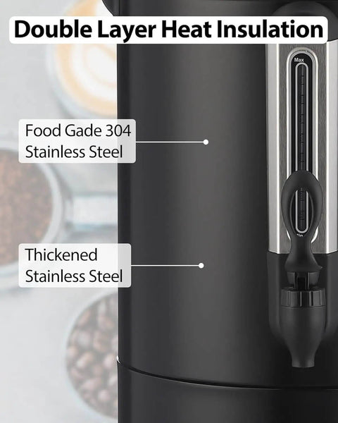 Close-up of Big Ol 12L 3 Point 2 Gallon Stainless Steel Coffee Urn With Double Wall Insulation Electric Hot Beverage Dispenser