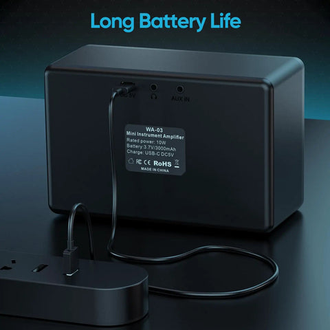 Back view of 10W Mini Guitar Amp Portable Practice Amplifier with Rechargeable Battery, USB charging connected, labeled specs.