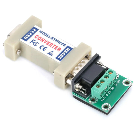 RS232 To RS485 Converter Adapter showing terminals and connectors, sturdy design for industrial automation, zero power needed.