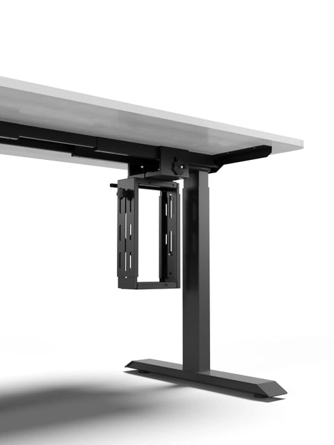 Heavy Duty Under Desk PC Mount Featuring Zero Drill Hassle For Adjustable Standing Workstations, showing adjustable mount secured under desk.