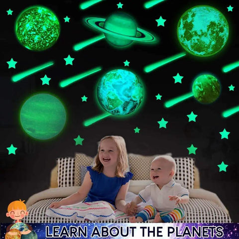 Children enjoying Glow In The Dark Planets Wall Decals Kit With 195 Plus Pieces For Ceiling Decor And Kids Room Transformation