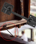 Two Piece Heavy Duty 4 1/2 Inch Sliding Barn Door Hardware Set With Slick Cast Copper Latch Hook And Eye Lock Rust Resistant For Straight Up Secure Wood Doors mounted on a wooden door.
