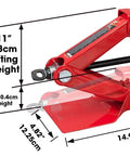 Heavy Duty Steel Scissor Lift Jack 1.5 Ton Car Kit, compact, rugged red trunk jack with dimensions shown