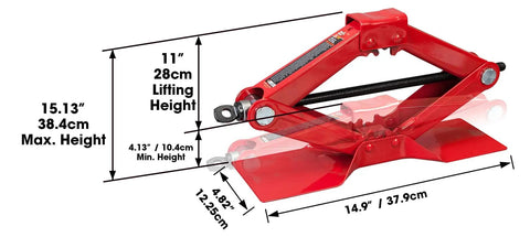 Heavy Duty Steel Scissor Lift Jack 1.5 Ton Car Kit, compact, rugged red trunk jack with dimensions shown