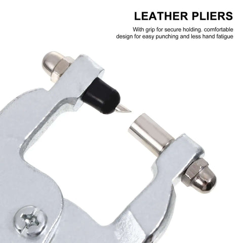 Close-up of a handheld leather hole punch pliers with stainless steel build and spring tension power for crafting precise belt holes.