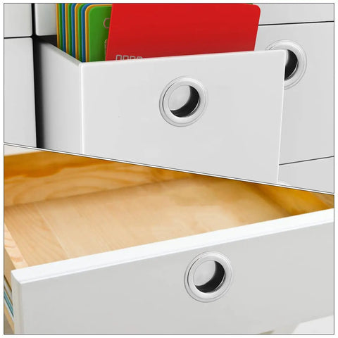 16 Piece Stainless Steel Recessed Round Drawer Pulls Set For Wardrobes And Dressers, visible on white drawers