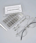 1000-Piece Stainless Steel Micro Screw Kit for Glasses and Sunglasses Repair showing screws, tools, glasses, tweezers
