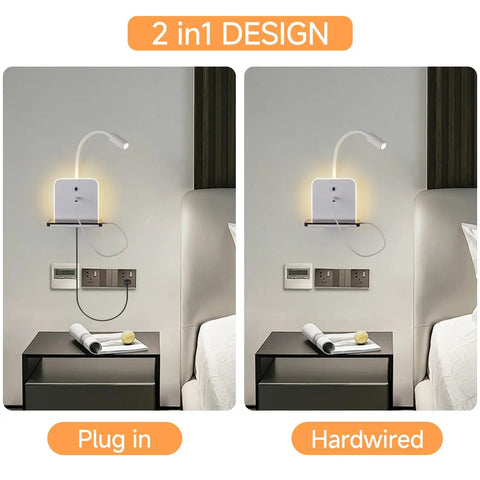Plug-in & Hardwired LED Wall Sconce, Dimmable Wall Mount Reading Light with USB A & Type C Charging Ports, flexible gooseneck design.