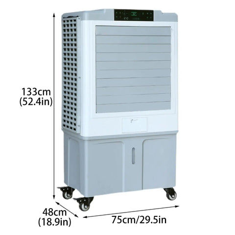 Portable Air Conditioner Evaporative Air Cooler With Oversized Water Tank And Reliable Remote Control Delivers No Sweat Cooling Power For Smooth Rolling Bedroom Garage Vibes, 133cm tall, 75cm wide.