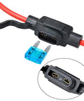 Black 14AWG Inline Fuse Holder Six Pack With 15A Mini Blade Atm Fuses Offering Slick Setup And Zero Drama Automotive Upgrades For Road Ready Protection, showing fuse holder and blue fuse.