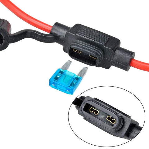 Black 14AWG Inline Fuse Holder Six Pack With 15A Mini Blade Atm Fuses Offering Slick Setup And Zero Drama Automotive Upgrades For Road Ready Protection, showing fuse holder and blue fuse.