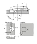 Heavy Duty Inset Blind Corner Hinges 95 Degree Opening 35 Mm Round Cup Steel Concealed Furniture Clips Pack Of Eight technical drawing.
