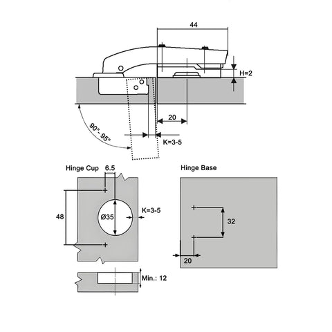 Heavy Duty Inset Blind Corner Hinges 95 Degree Opening 35 Mm Round Cup Steel Concealed Furniture Clips Pack Of Eight technical drawing.