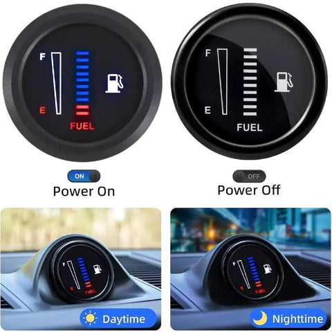 Universal 52mm Fuel Level Gauge With 2 Inch LED Display, 12V And 24V Ready, Compatible With 0 To 190 Ohm, 98 To 8 Ohm, 565 To 33 Ohm, Or 0 To 90 Ohm Senders, Anti Vibration Needle For Stable, Accurate Fuel Readings Across Cars And Rigs; round dashboard gauge