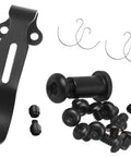 Top Shelf Titanium Replacement Screws And Pivot Shaft Kit For Benchmade Bugout 535 533 537 Folding Knives showing black screws, pivot nut, and clips.
