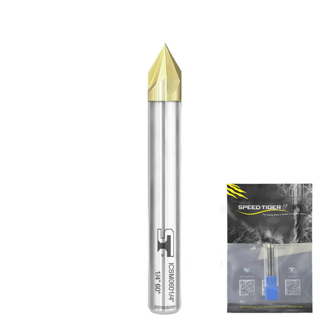 60 Degree Chamfer End Mill With One Quarter Inch Shank And Two Inch Overall Length for CNC with packaging, ZrN coating visible.