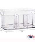 Straight Up The Best Five Compartment Makeup Storage Organizer Set Of Two Clear BPA Free Plastic Vanity Caddy With Pass Through Handles Round Corners dimensions 9.63 x 5.75 x 5 inches made in USA.