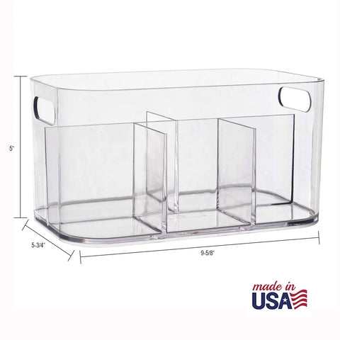 Straight Up The Best Five Compartment Makeup Storage Organizer Set Of Two Clear BPA Free Plastic Vanity Caddy With Pass Through Handles Round Corners dimensions 9.63 x 5.75 x 5 inches made in USA.