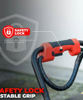 Close-up of safety lock on powerful 1500W electric post hole digger earth auger with reverse function for fence posts, tree planting
