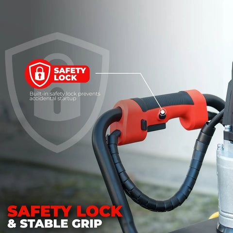 Close-up of safety lock on powerful 1500W electric post hole digger earth auger with reverse function for fence posts, tree planting