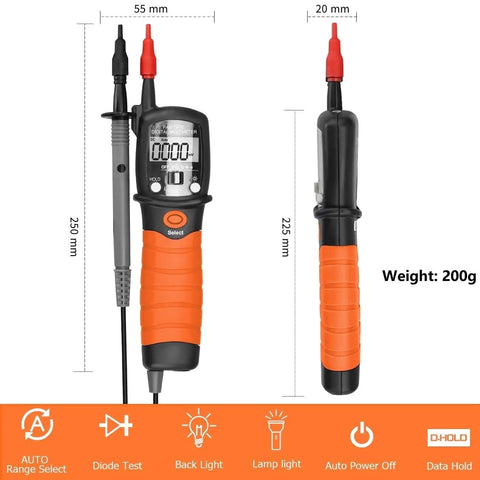 Compact Digital VOM Meter For DIYers And Auto Fixers Pen Sized Volt Meter with dimensions and features overview.