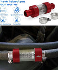3/4 Inch Universal Inline Coolant Filter For Heater Core Red installed on car engine with clamps, easy install visible.