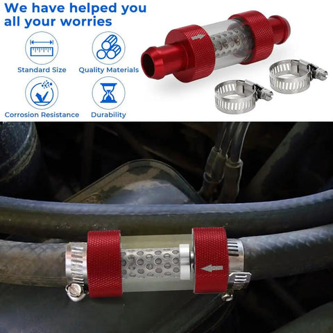 3/4 Inch Universal Inline Coolant Filter For Heater Core Red installed on car engine with clamps, easy install visible.