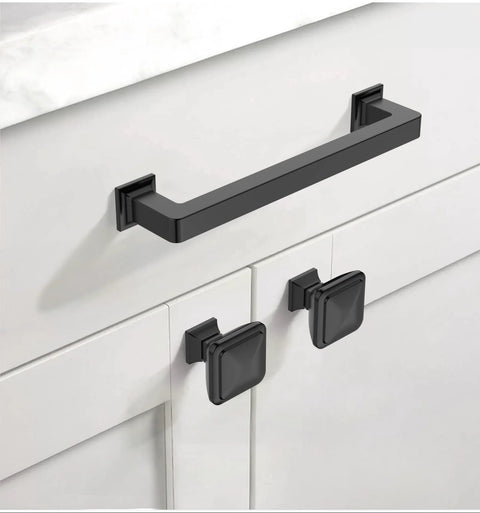 5 inch matte black cabinet handle 10 pack, modern design on white kitchen drawer, 128mm, durable metal cupboard hardware with mounting screws