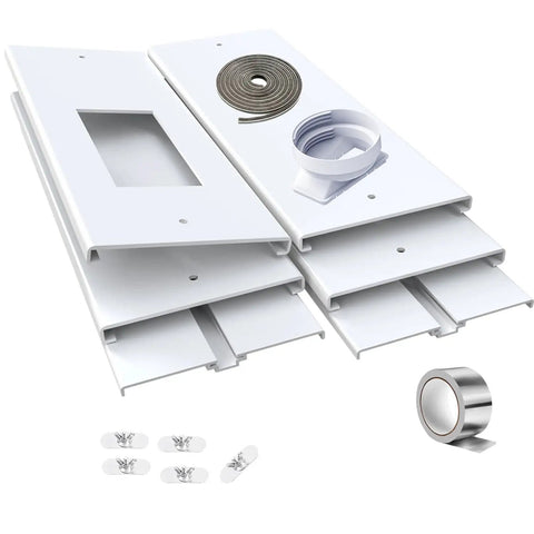 Ultimate 95 Inch Sliding Door Air Conditioner Vent Kit With Screen Net Weather Strips Airtight Seal Universal 5.0 To 5.9 Inch Hose Coupler Six 17 Inch Slider Panels 40 Inch Screen Net Portable Balcony Door Plate Kit components.
