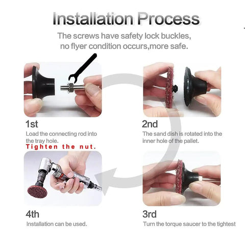 Installation process of Easy Twist On Quick Change Disc Pad Holder Kit, steps 1 to 4 with safety lock buckles shown.