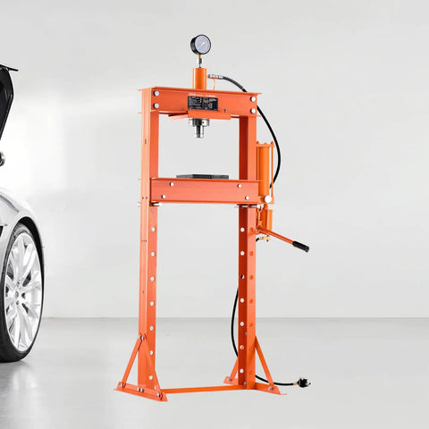 Hustle With This Bad Boy: Vevor 20 Ton Hydraulic Shop Press, Heavy Duty H-Frame Garage Tool for Precision Bending And Stamping, orange frame.