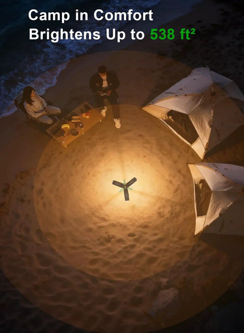 Massive 15000mAh Rechargeable Telescopic Camping Light Lantern illuminating a beach campsite, showing radius and brightness.