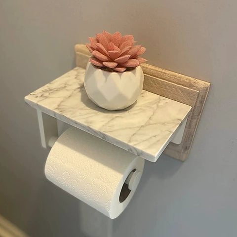 Toilet Paper Holder With Marble Shelf And 304 Stainless Steel Wall Mount For Bathroom White Sleek Modern Look Clean Washroom Vibe