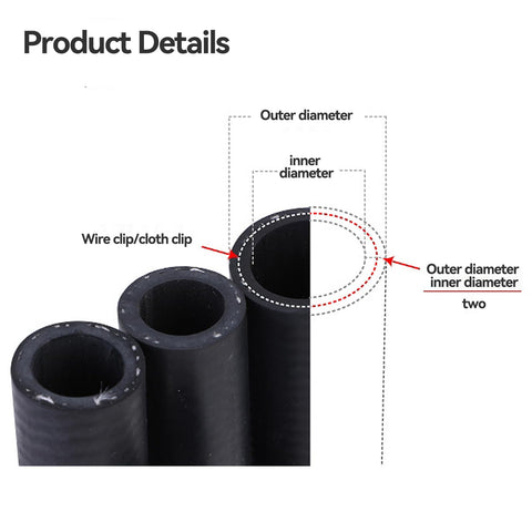 Silicone Vacuum Hose Kit For Automotive Use, Multi Size Silicone Vacuum Tubing 1/8 Inch To 3/8 Inch ID, 5 Feet, Durable 3mm Wall Thickness, Wear Resistant, High Pressure 43 PSI, Top Notch Quality, showing three hoses and inner, outer diameter labels.