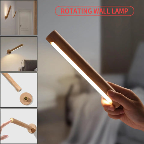 360 Degree Rotatable Beech Wood LED Wall Lamp With Magnetic Mount USB Rechargeable Battery Operated Sconce Night Light For Home Easy Charge Portable Emergency Lighting held in hand showing light