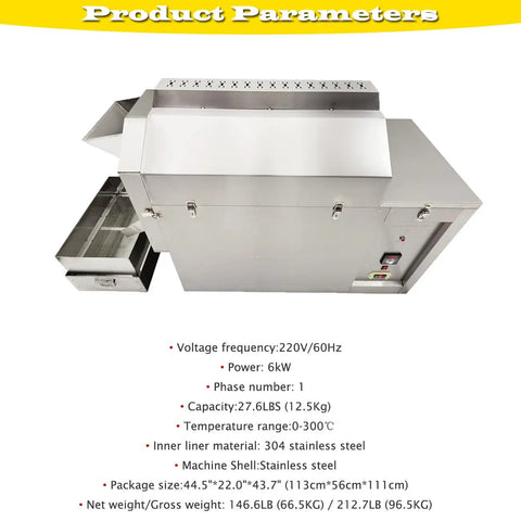 Roller Type Electric Stainless Steel Coffee Roaster, 220V 1PH, Horizontal Drum With 304 Food Grade Liner, 6kW High Power for home use.