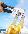 Heavy Duty Manual Can Opener With Rubber Coated Long Handles opening bottles outdoors on ice, durable stainless steel body.