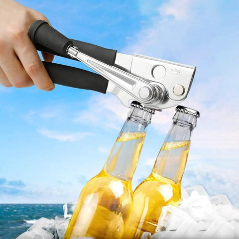 Heavy Duty Manual Can Opener With Rubber Coated Long Handles opening bottles outdoors on ice, durable stainless steel body.