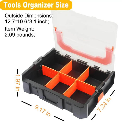 Six Compartment Small Parts Organizer With Stackable Design And Removable Dividers For Hardware, Includes Two Pieces